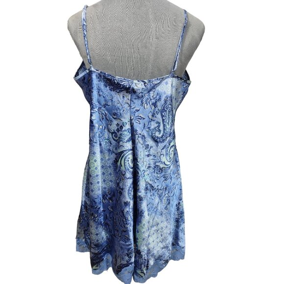 Y2K Slip Dress Blue Paisley Floral Satin Lace Spaghetti Strap Nightgown Medium - Picture 2 of 8